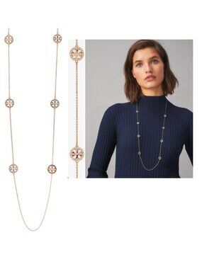 ***NEW!! Tory Burch Miller Rose Gold Pave Logo LONG necklace